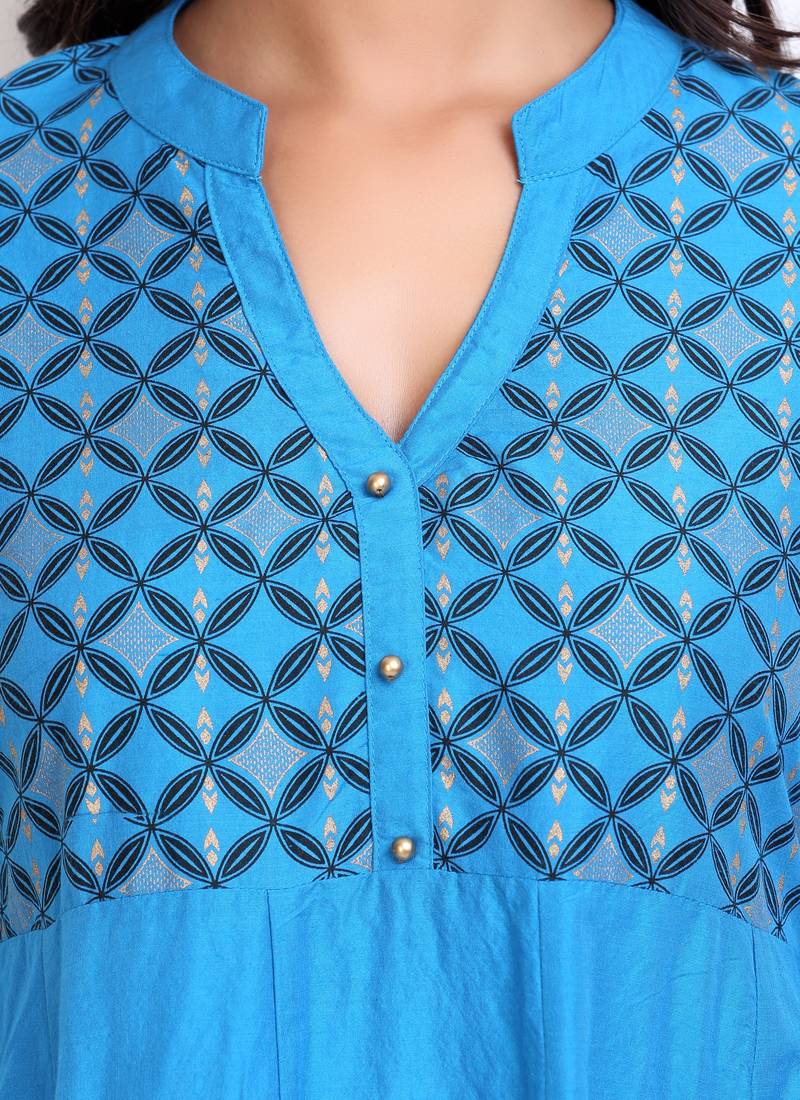 Blue golden_print cotton_poly stitched kurti