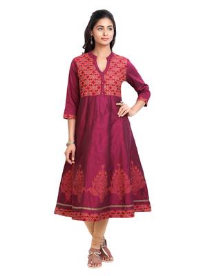 Maroon golden_print cotton_poly stitched kurti 1