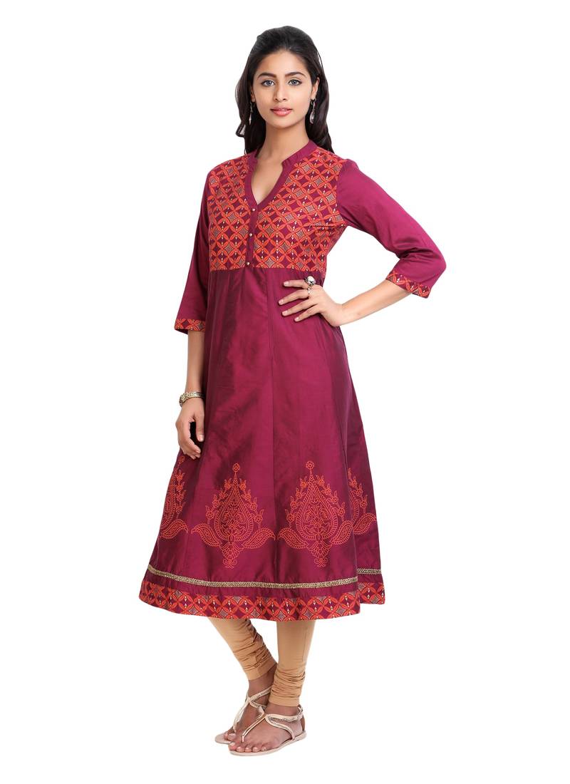 Maroon golden_print cotton_poly stitched kurti