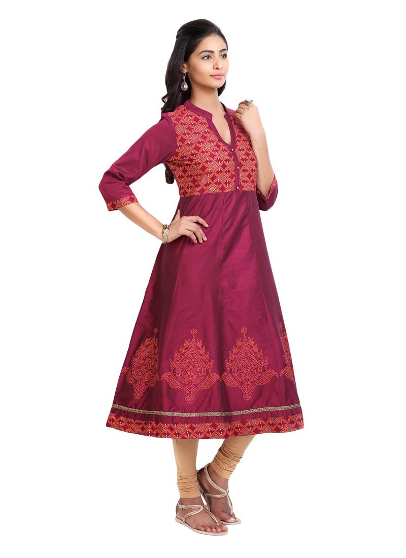 Maroon golden_print cotton_poly stitched kurti