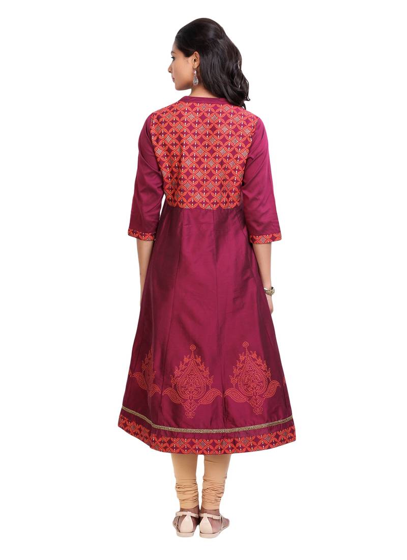 Maroon golden_print cotton_poly stitched kurti