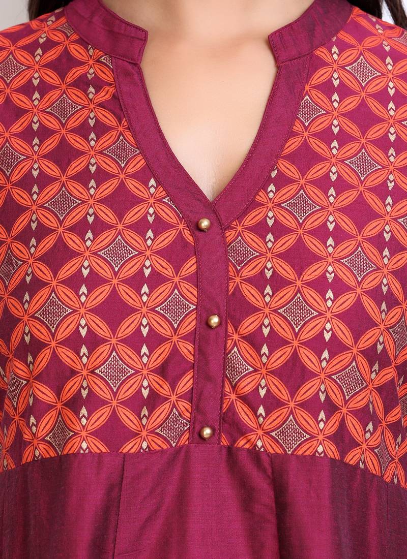 Maroon golden_print cotton_poly stitched kurti