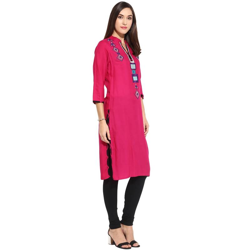 Pink thread_work Rayon stitched kurti