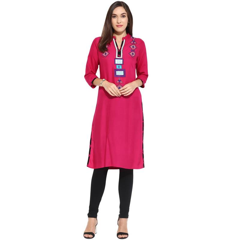 Pink thread_work Rayon stitched kurti