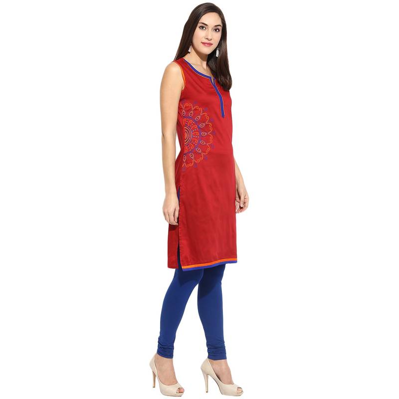 Maroon thread_work cotton_poly stitched kurti