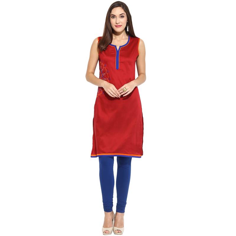 Maroon thread_work cotton_poly stitched kurti