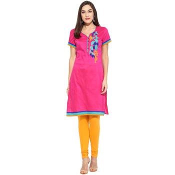 Pink thread_work cotton_poly stitched kurti 1