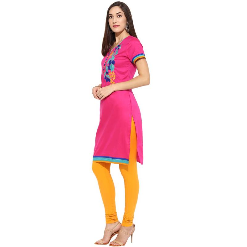 Pink thread_work cotton_poly stitched kurti