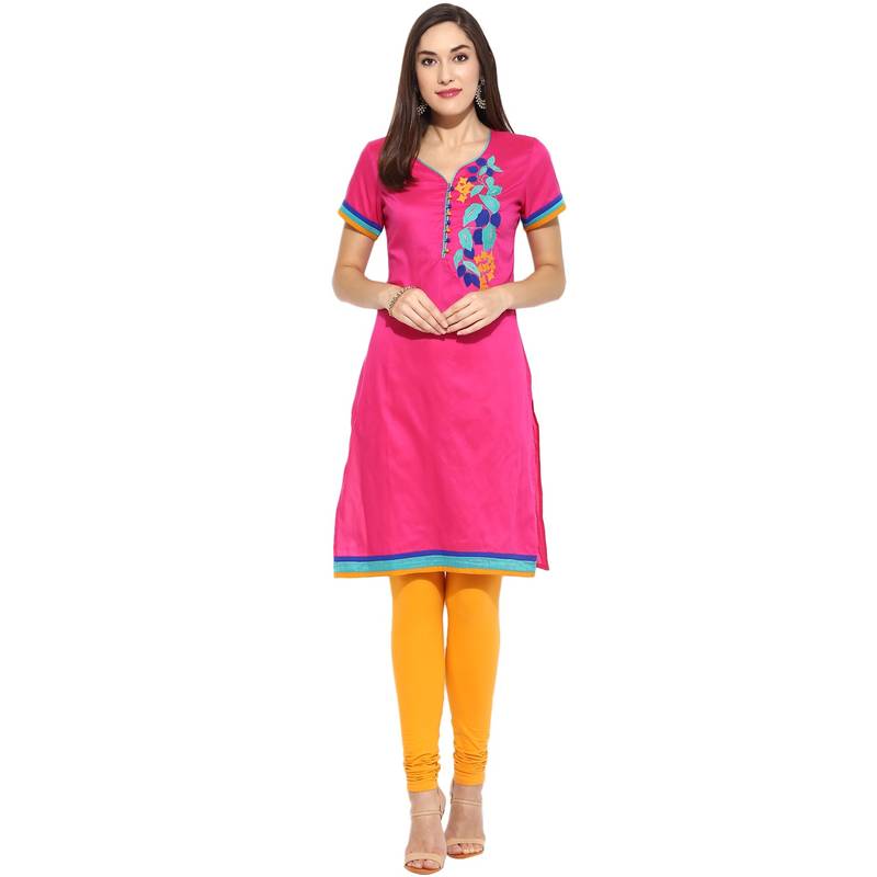 Pink thread_work cotton_poly stitched kurti