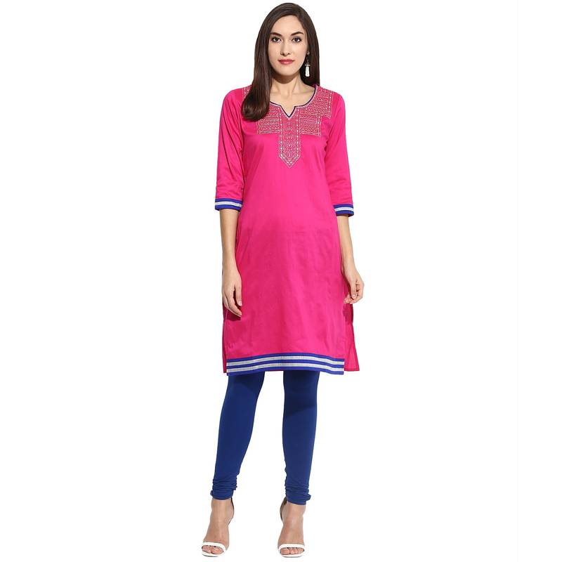 Pink thread_work cotton_poly stitched kurti