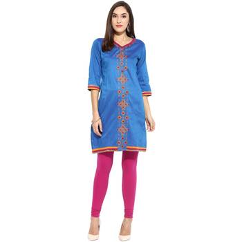 Blue thread_work cotton_poly stitched kurti 1
