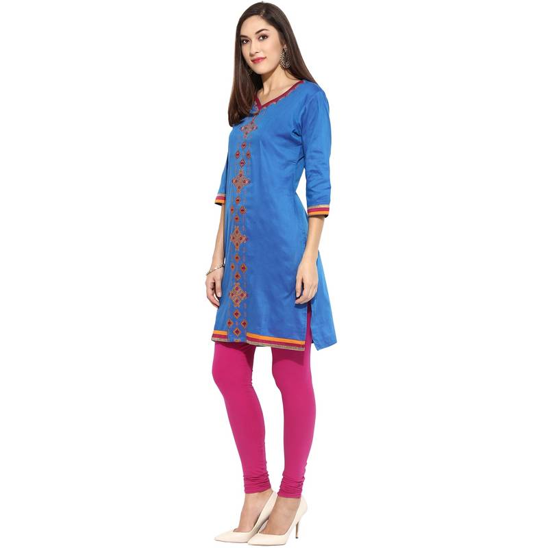 Blue thread_work cotton_poly stitched kurti
