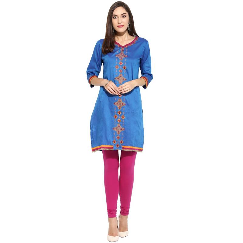 Blue thread_work cotton_poly stitched kurti
