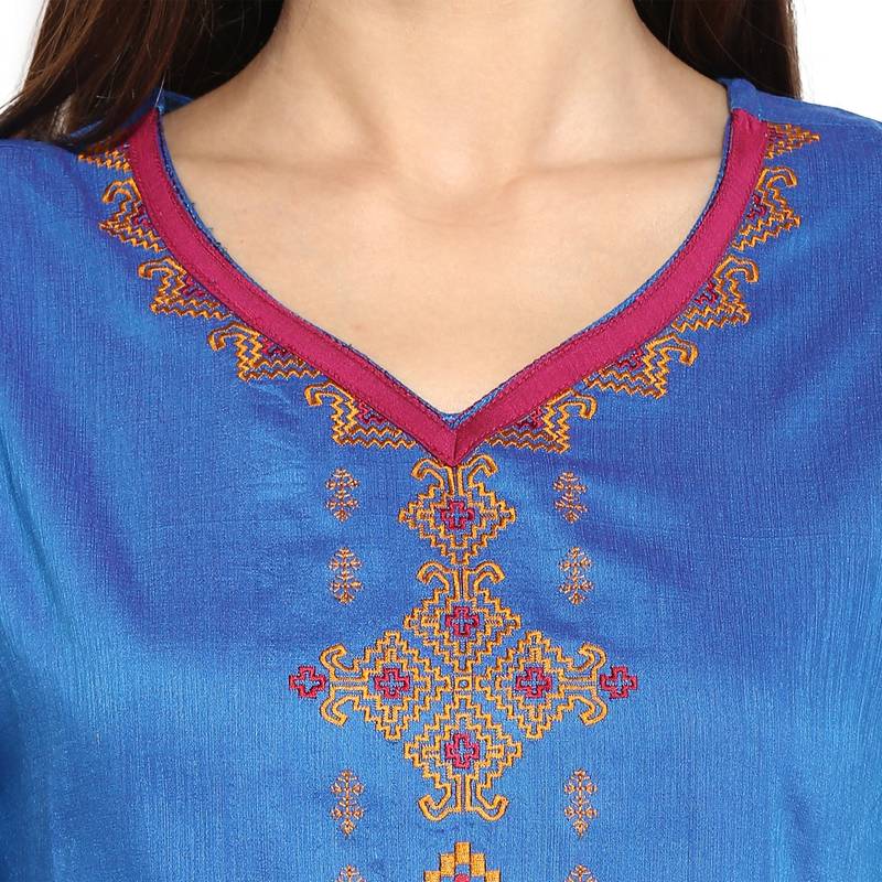 Blue thread_work cotton_poly stitched kurti