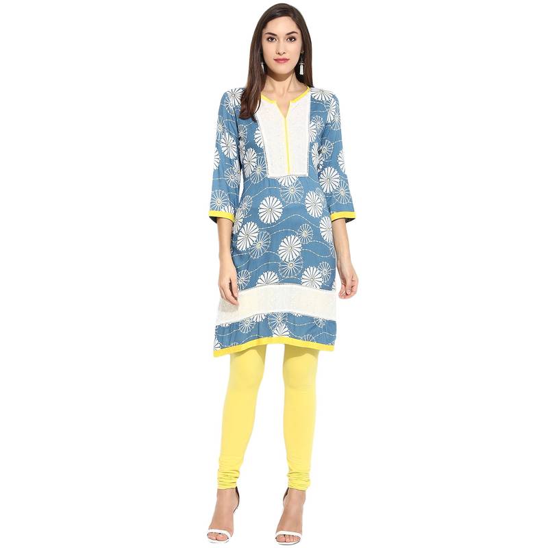 Blue geometric_print Rayon stitched kurti