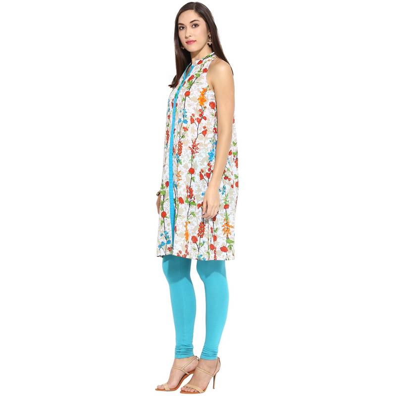 Blue floral_print Cotton stitched kurti
