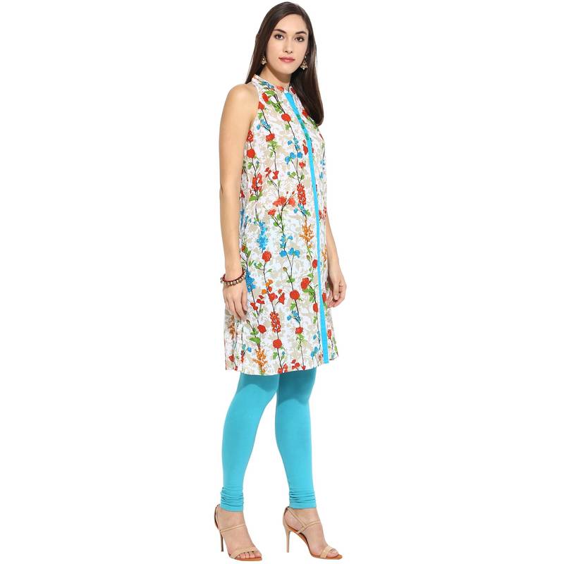 Blue floral_print Cotton stitched kurti