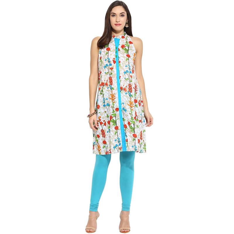 Blue floral_print Cotton stitched kurti