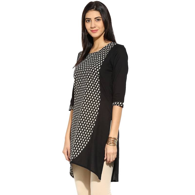 Black abstract_print Cotton stitched kurti
