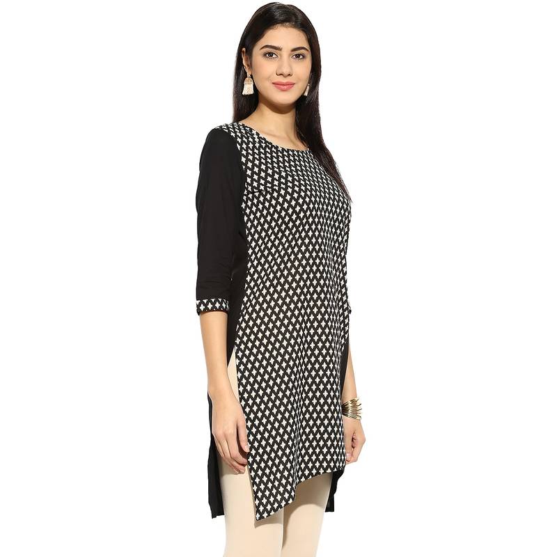 Black abstract_print Cotton stitched kurti