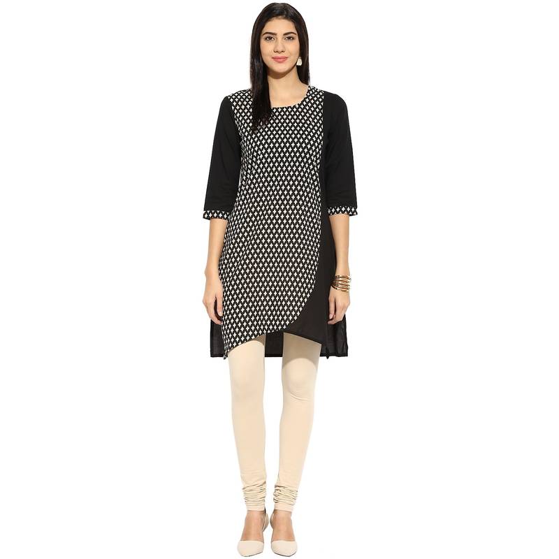 Black abstract_print Cotton stitched kurti