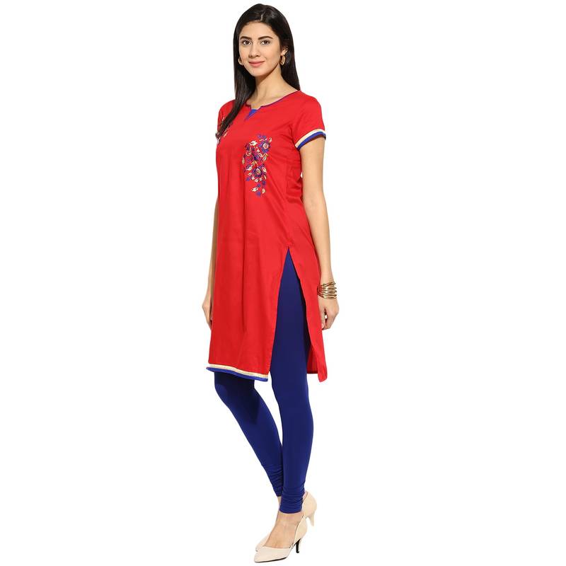 Red thread_work cotton_poly stitched kurti