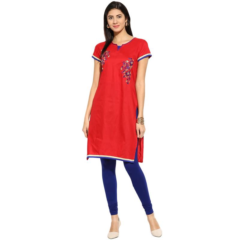 Red thread_work cotton_poly stitched kurti