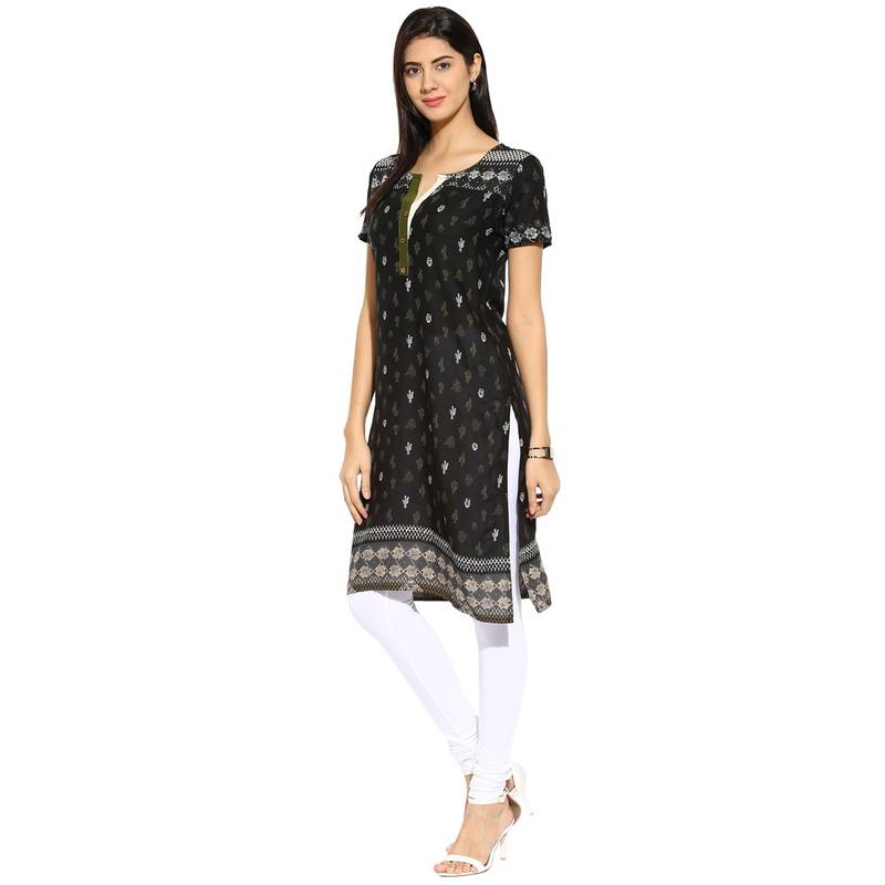 Black abstract_print cotton stitched kurti
