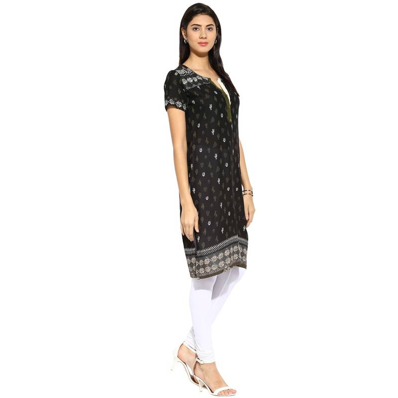 Black abstract_print cotton stitched kurti