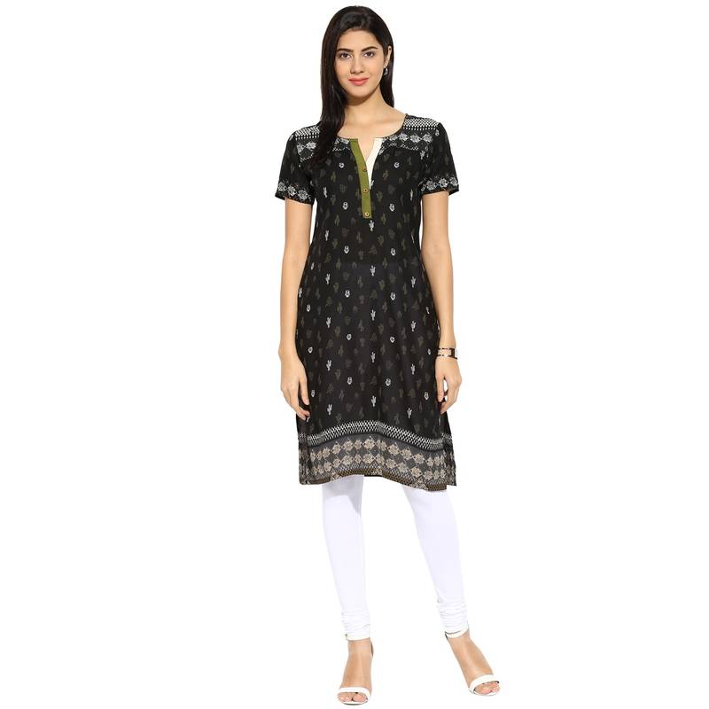 Black abstract_print cotton stitched kurti