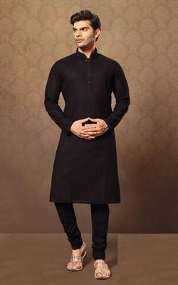 Black Cotton And Poly Embroidered Kurta Pajama 1