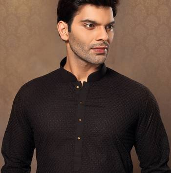 Black Cotton And Poly Embroidered Kurta Pajama 2