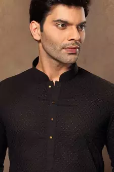 Black Cotton And Poly Embroidered Kurta Pajama