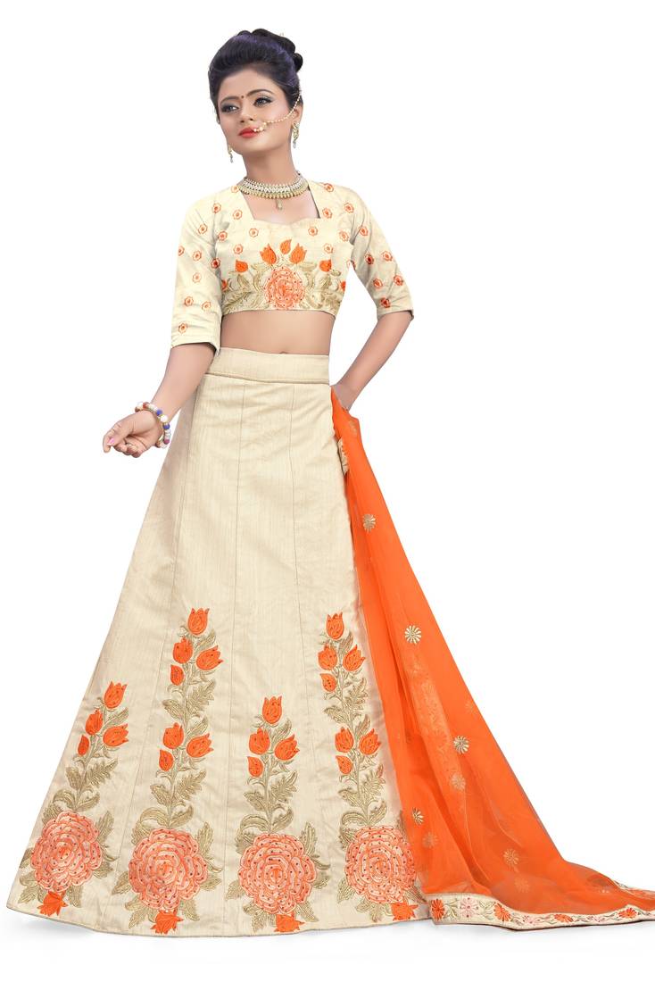 Cream Embroidered Viscose Designer Lehenga with Rose Gold Dupatta