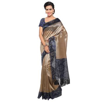Beige plain semi  tussar silk saree with blouse 1