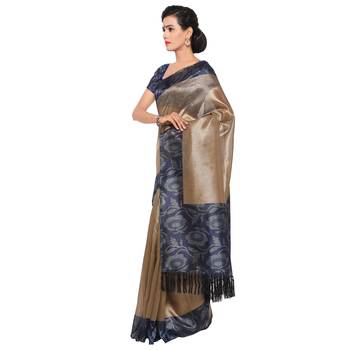 Beige plain semi  tussar silk saree with blouse 2