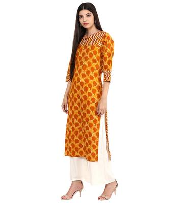 Jaipur Kurti Cotton Mustard Floral print Kurta 5