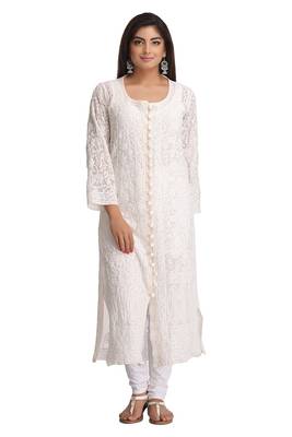 Cream Embroidered Georgette Stitched Chikankari Kurti 1