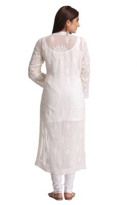 Cream Embroidered Georgette Stitched Chikankari Kurti 2