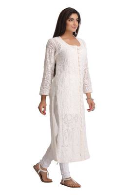 Cream Embroidered Georgette Stitched Chikankari Kurti 3