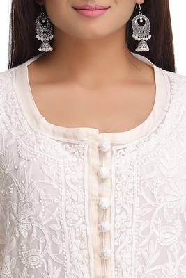Cream Embroidered Georgette Stitched Chikankari Kurti 4