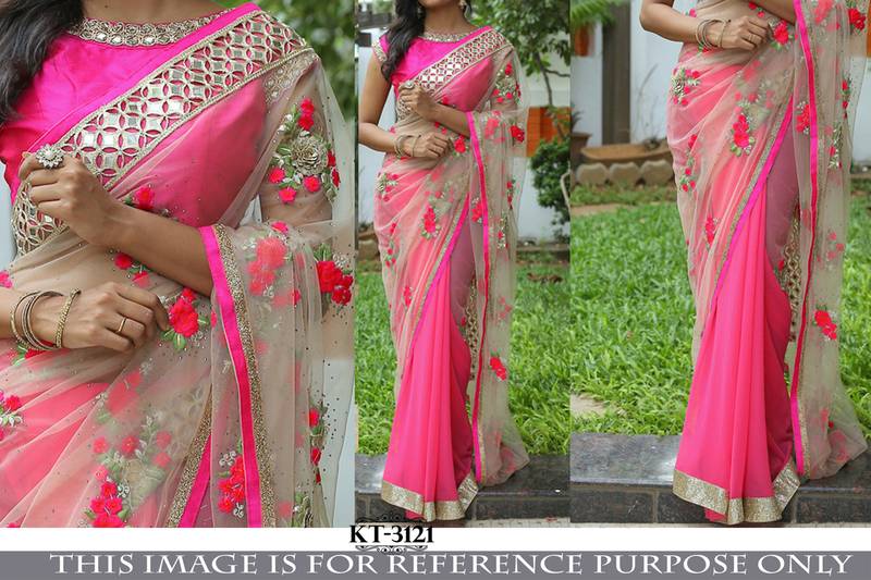Ragini Sarees Embroidered Pink Net Traditional Party Wear Saree. - KT-3121