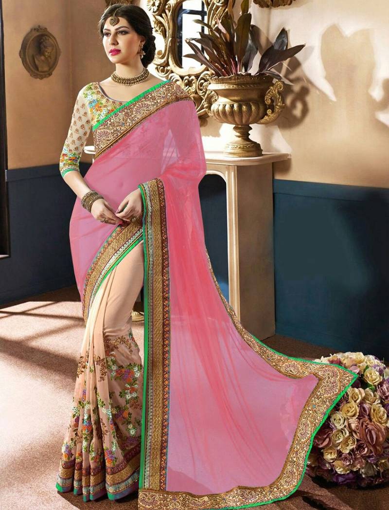 pink and cream embroidery georgette saree with blouse