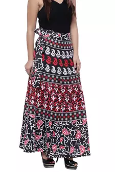 Black Cotton Printed Wrap Skirt