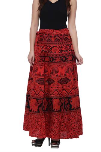 Red Cotton Printed Wrap Skirt