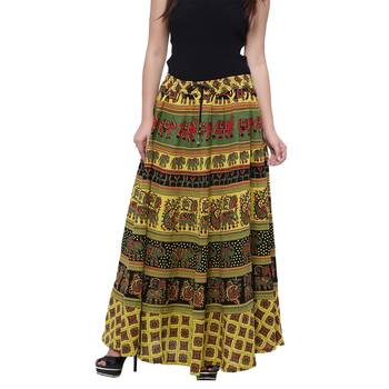 Green Cotton Long Printed  Skirt 1