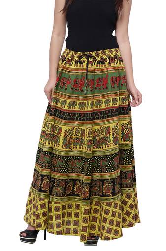 Green Cotton Long Printed  Skirt