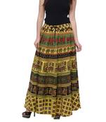 Green Cotton Long Printed  Skirt