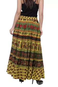 Green Cotton Long Printed  Skirt