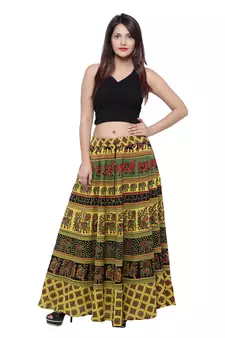 Green Cotton Long Printed  Skirt
